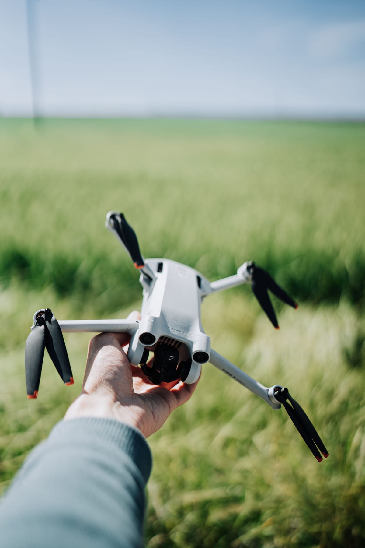 Person holding a drone in an open green field with natural light.
