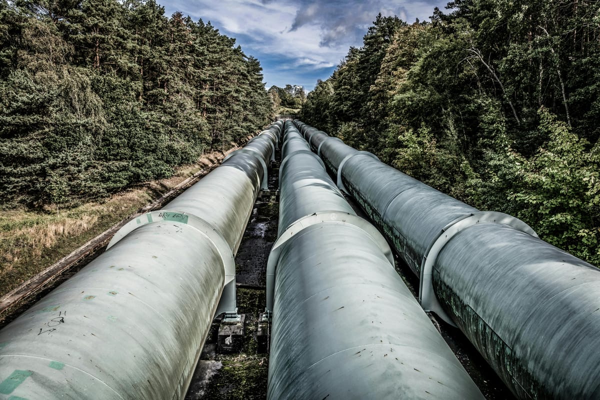 Aerial view of industrial pipelines cutting through a dense green forest landscape.