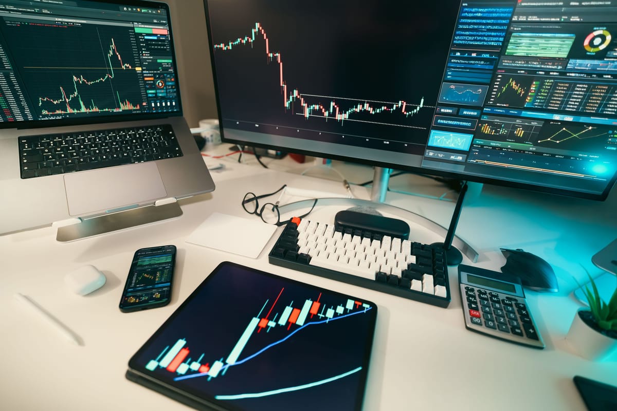 Trading desk with screens displaying financial charts.