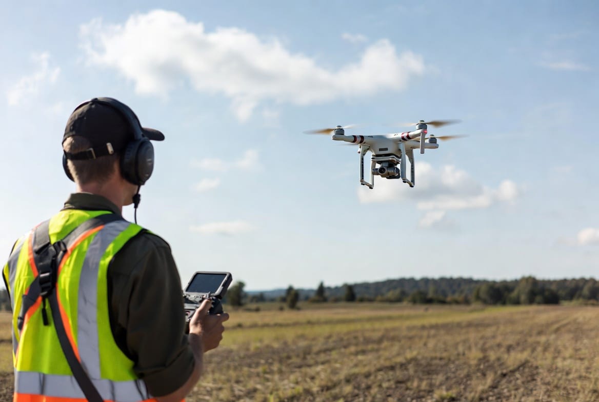 Drone operator in outdoor field conducting flight operations.
